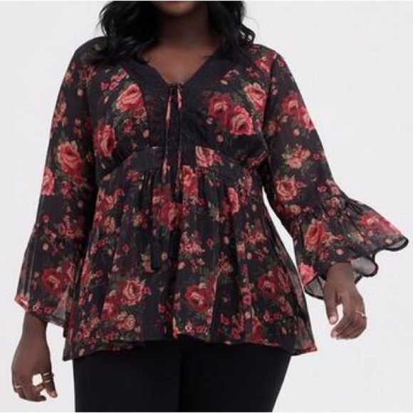 Torrid Babydoll Chiffon Lurex Crochet Lace-Up Sheer Blouse, Black Red Floral, 1X - Picture 2 of 14